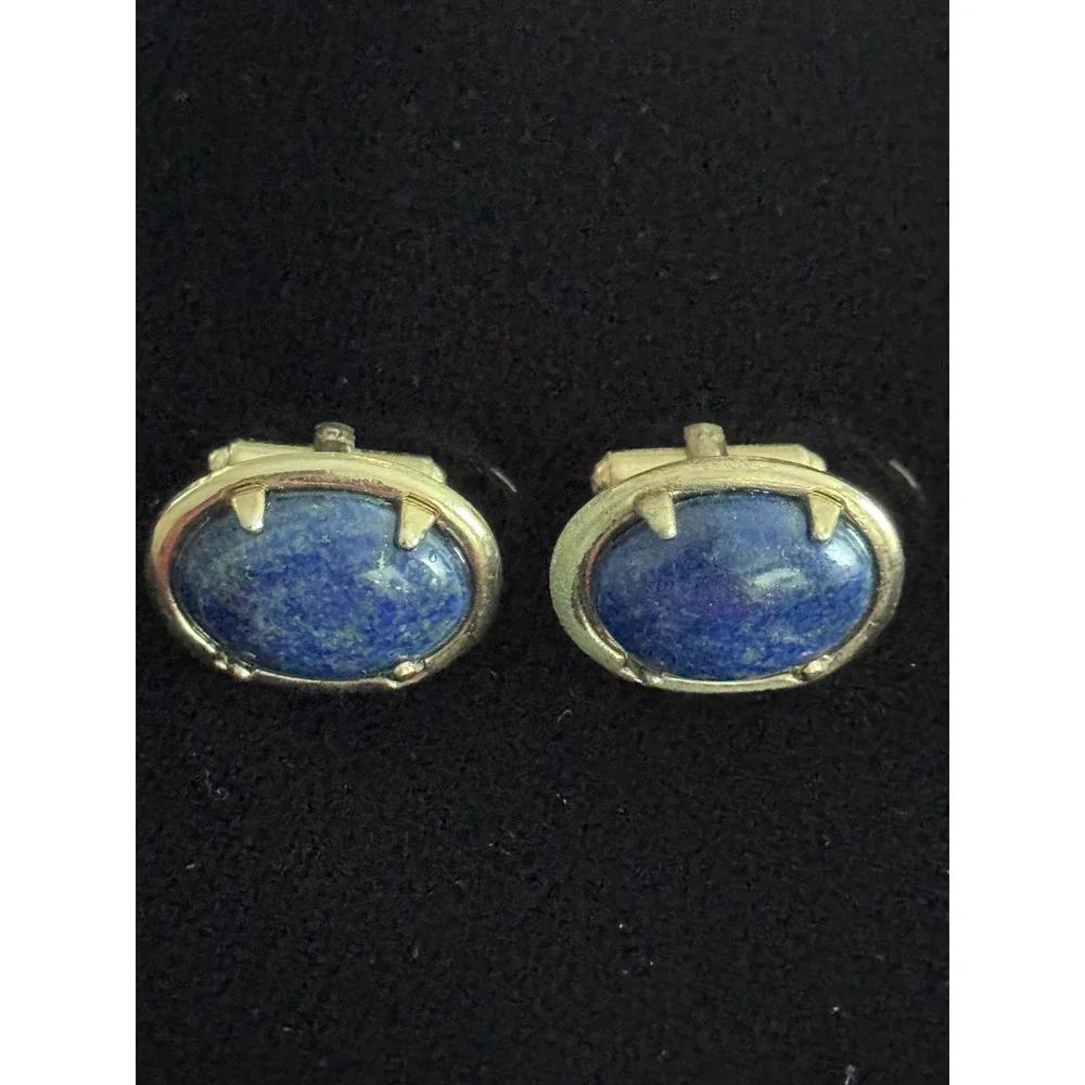 Vintage Cufflinks 1/20 12k GF Blue Lapis Lazuli Gold Tone Oval Gold Flecks
